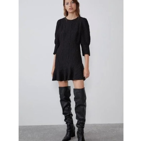 Zara mini dress Textured Weave Black Puff Princess Sleeve Ruffle Crinkle XXS - Picture 7 of 12